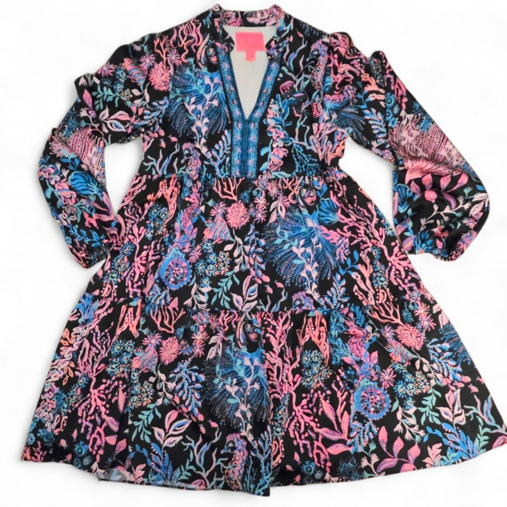 Lilly‎ Pulitzer Arella Dress Onyx Twilight Coral Tiered Swing Mini Ruffle Sz S